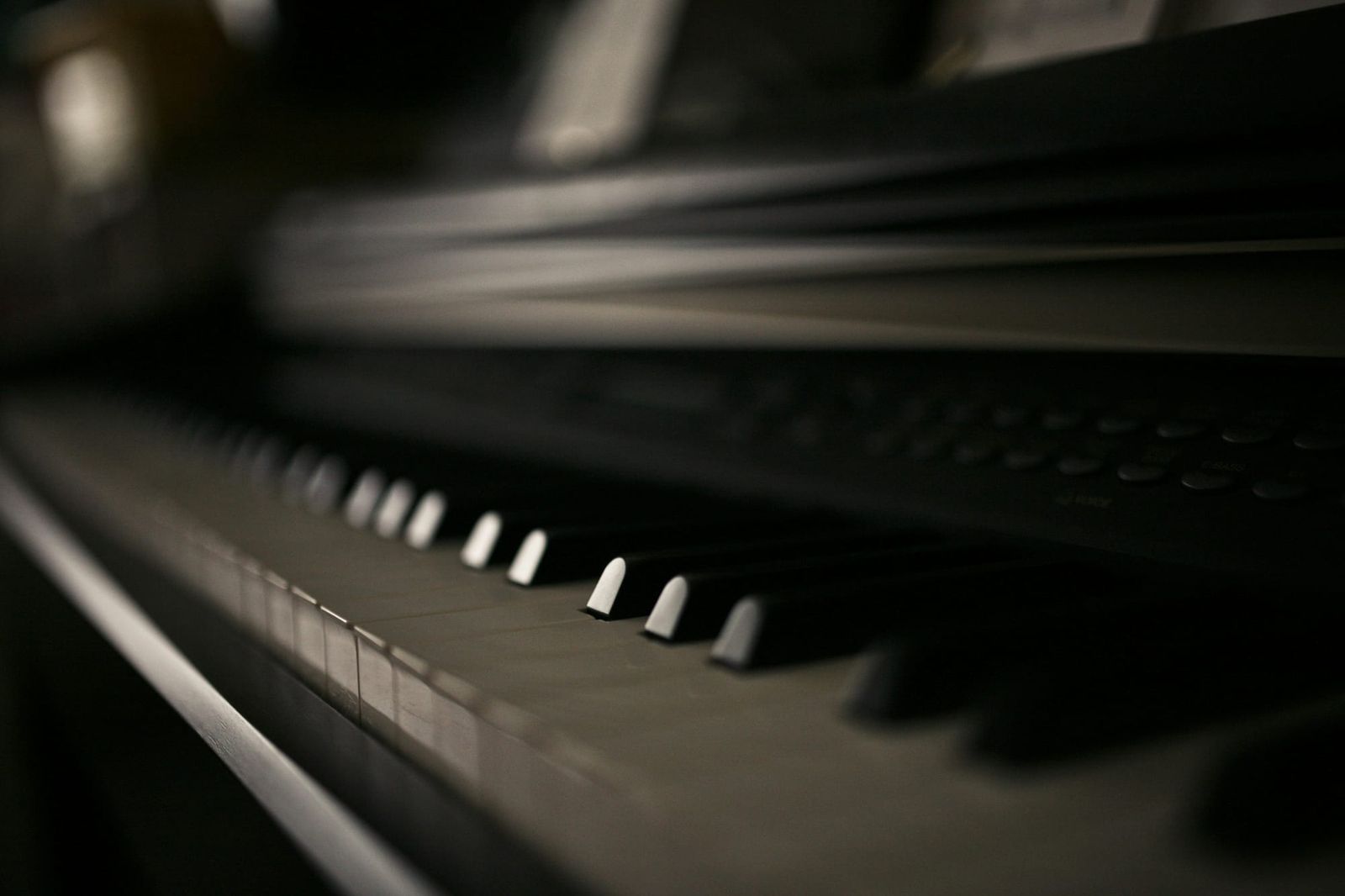 Piano keys, softly lit