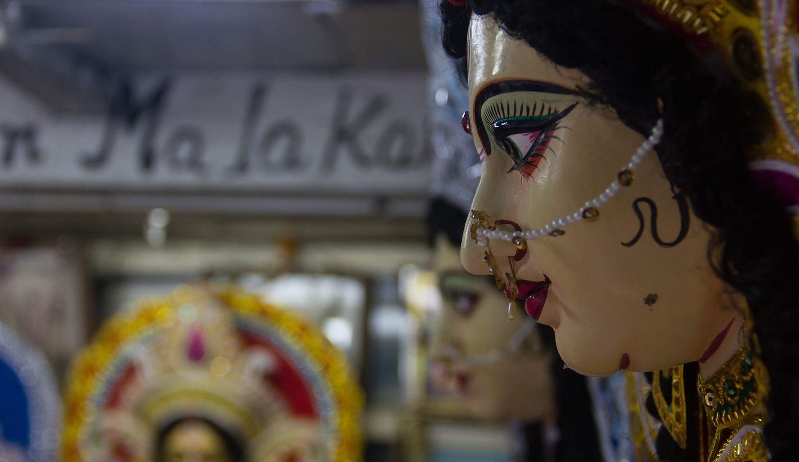 Durga idol enshrined in a festival pandal